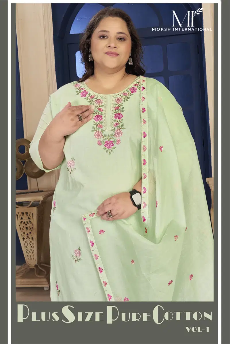 Moksh Plus Size Pure Cotton Vol 1 Cotton Embroidered Kurti With Bottom Dupatta