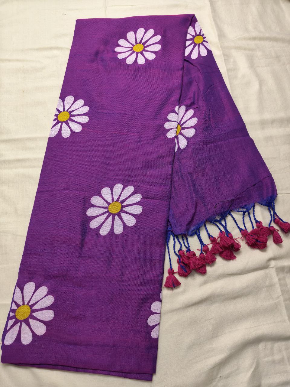 Aab Khadi Flower Hand Print Khadi Cotton Handloom Saree