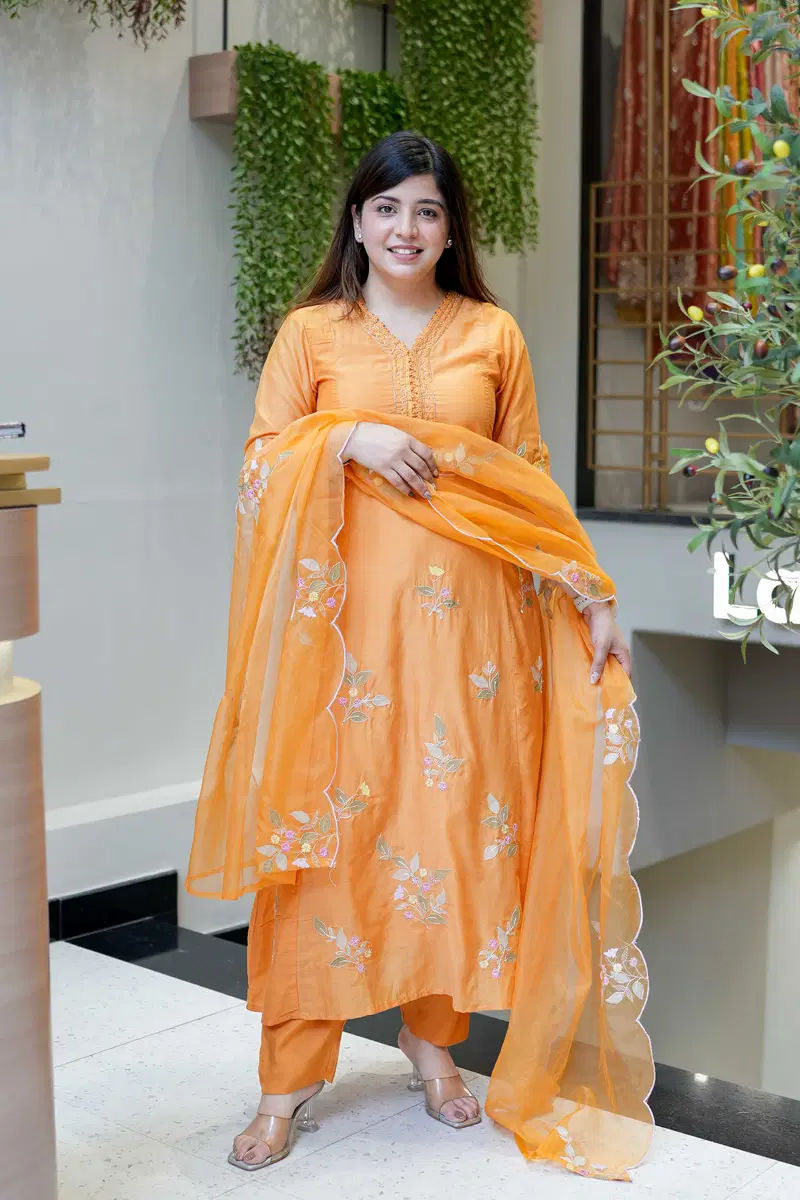 D 2114 Muslin Embroidery Kurti With Pant Dupatta Collection
