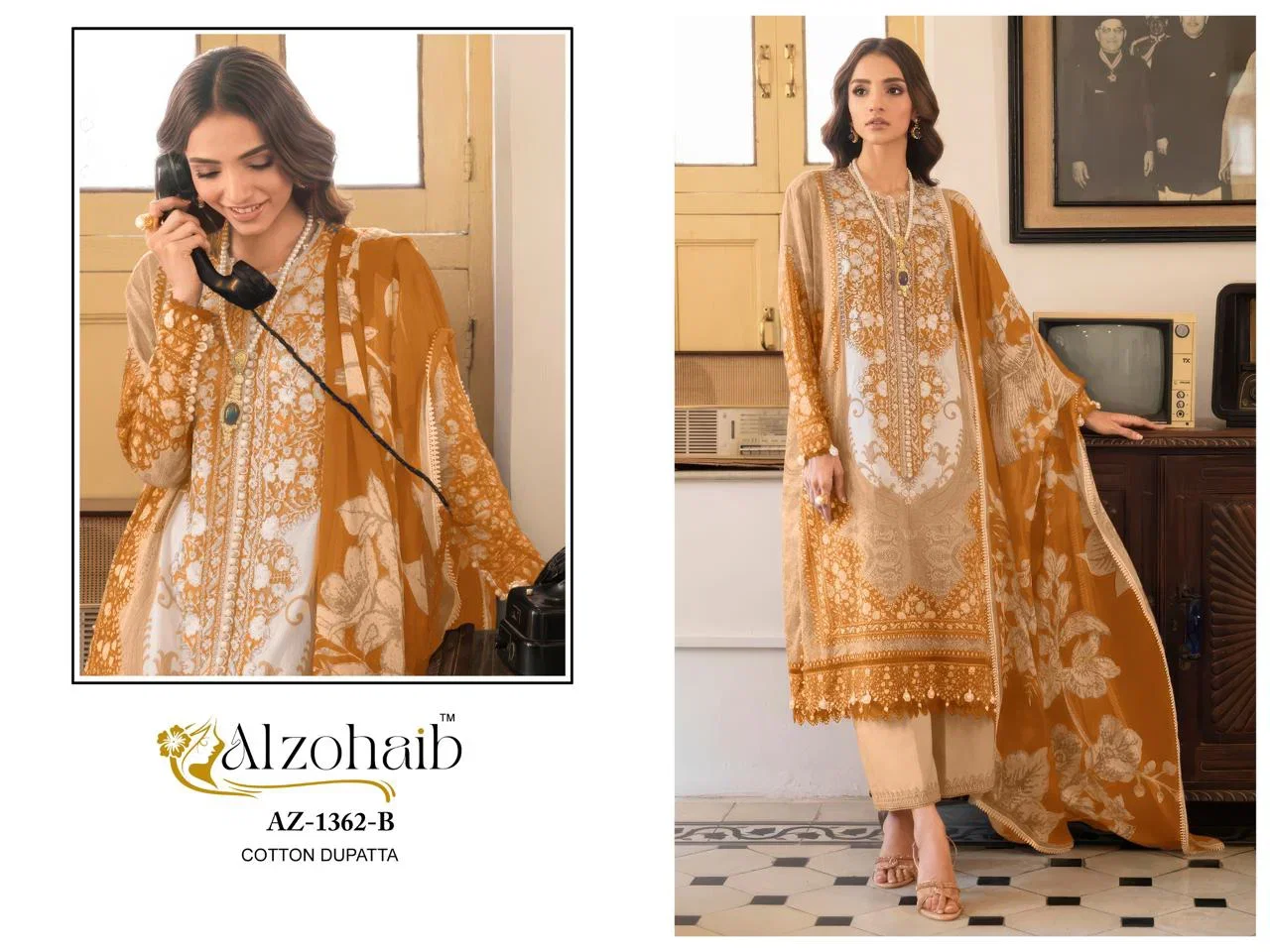 Alzohaib Az 1361 A To C And 1362 A To C Chiffon Dupatta Cotton Salwar Suit