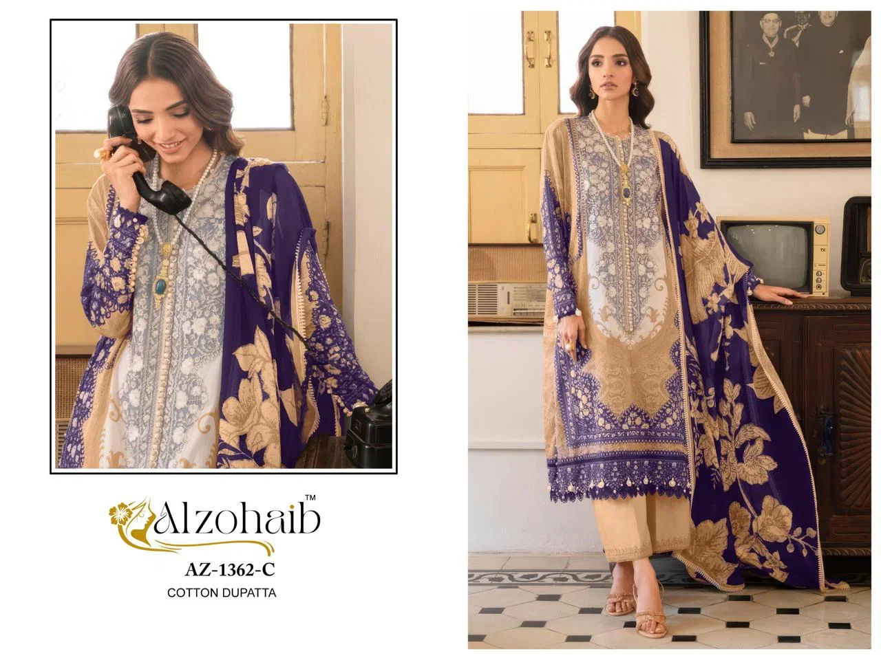 Alzohaib Az 1361 A To C And 1362 A To C Chiffon Dupatta Cotton Salwar Suit