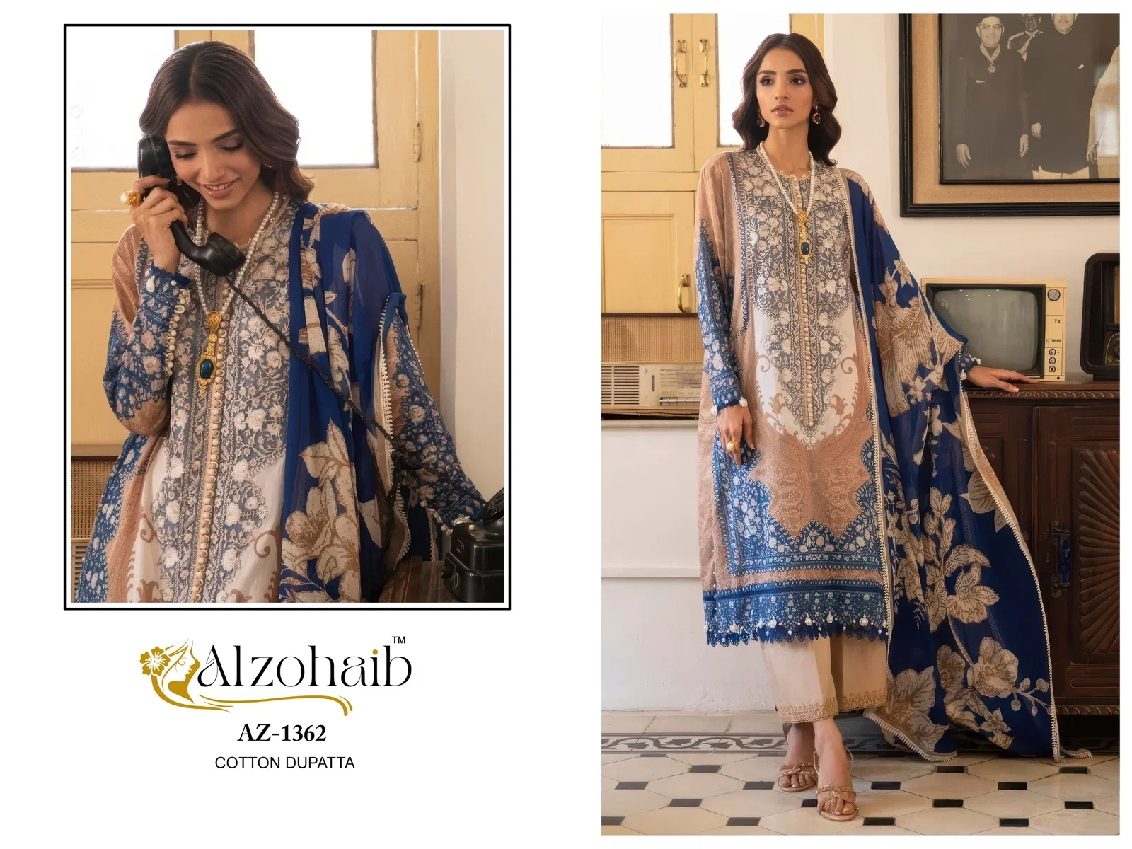 Alzohaib Az 1361 A To C And 1362 A To C Chiffon Dupatta Cotton Salwar Suit