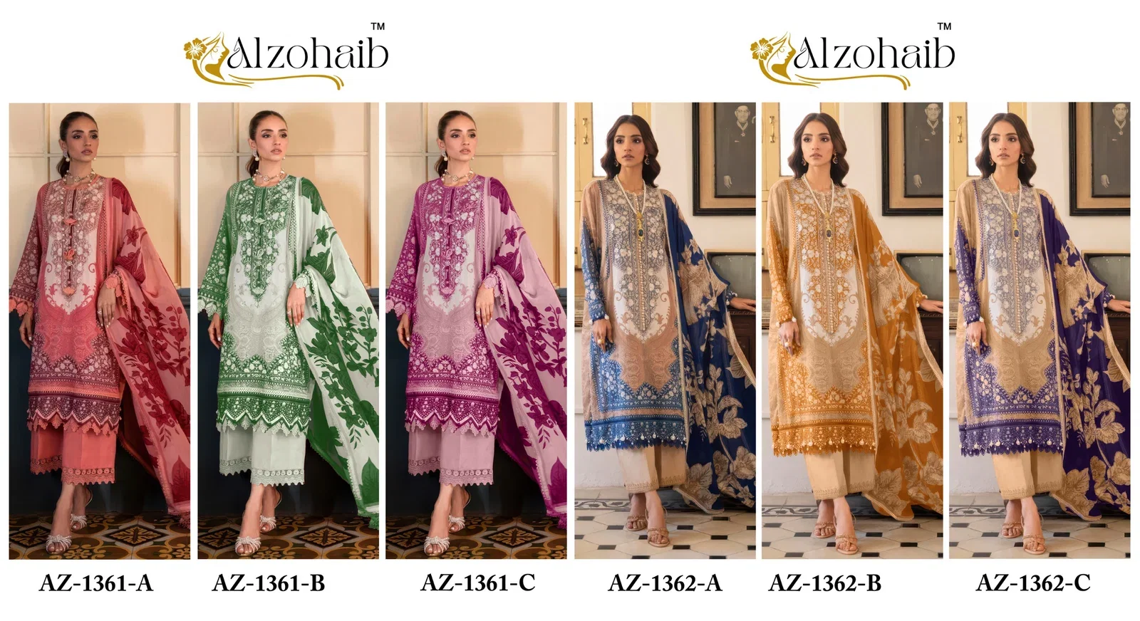 Alzohaib Az 1361 A To C And 1362 A To C Chiffon Dupatta Cotton Salwar Suit