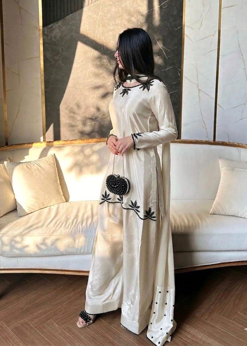NCO 155 Natural Crepe Heavy Embroidery Work Top With Farsi Salwar With Dupatta