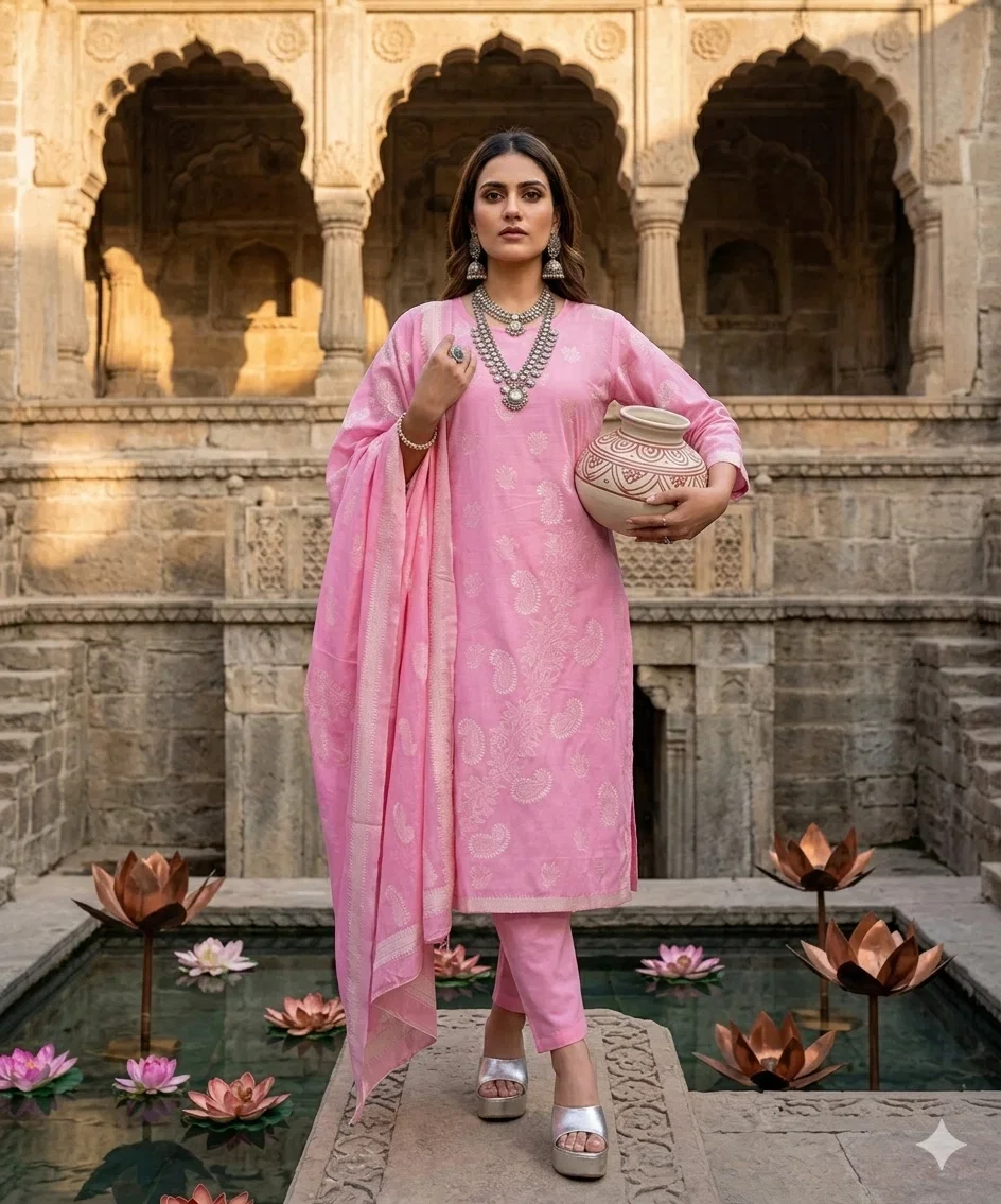 Sa Ani Cotton Hand Woven Jamdani Kurti With Bottom Dupatta