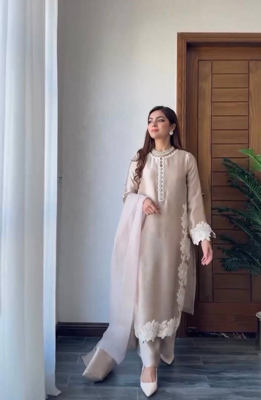 NCO 157 Natural Silk Embroidery Pearl Moti Hand Work Top Plazzo With Dupatta