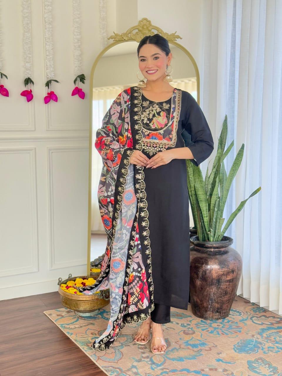 NCO 158 Pure Viscose Chanderi With Sequins Coding Embroidery Kurti Bottom With Dupatta