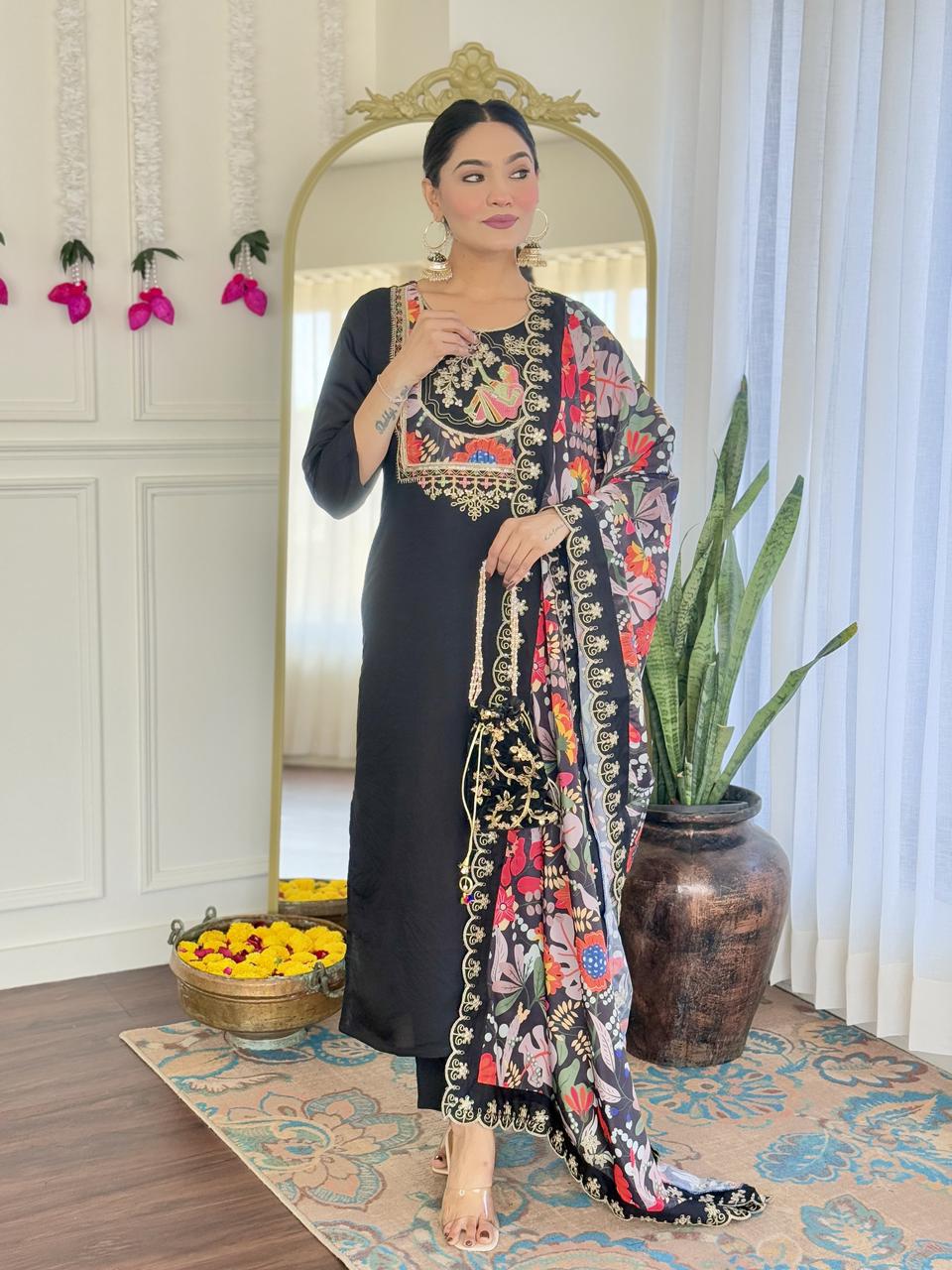 NCO 158 Pure Viscose Chanderi With Sequins Coding Embroidery Kurti Bottom With Dupatta