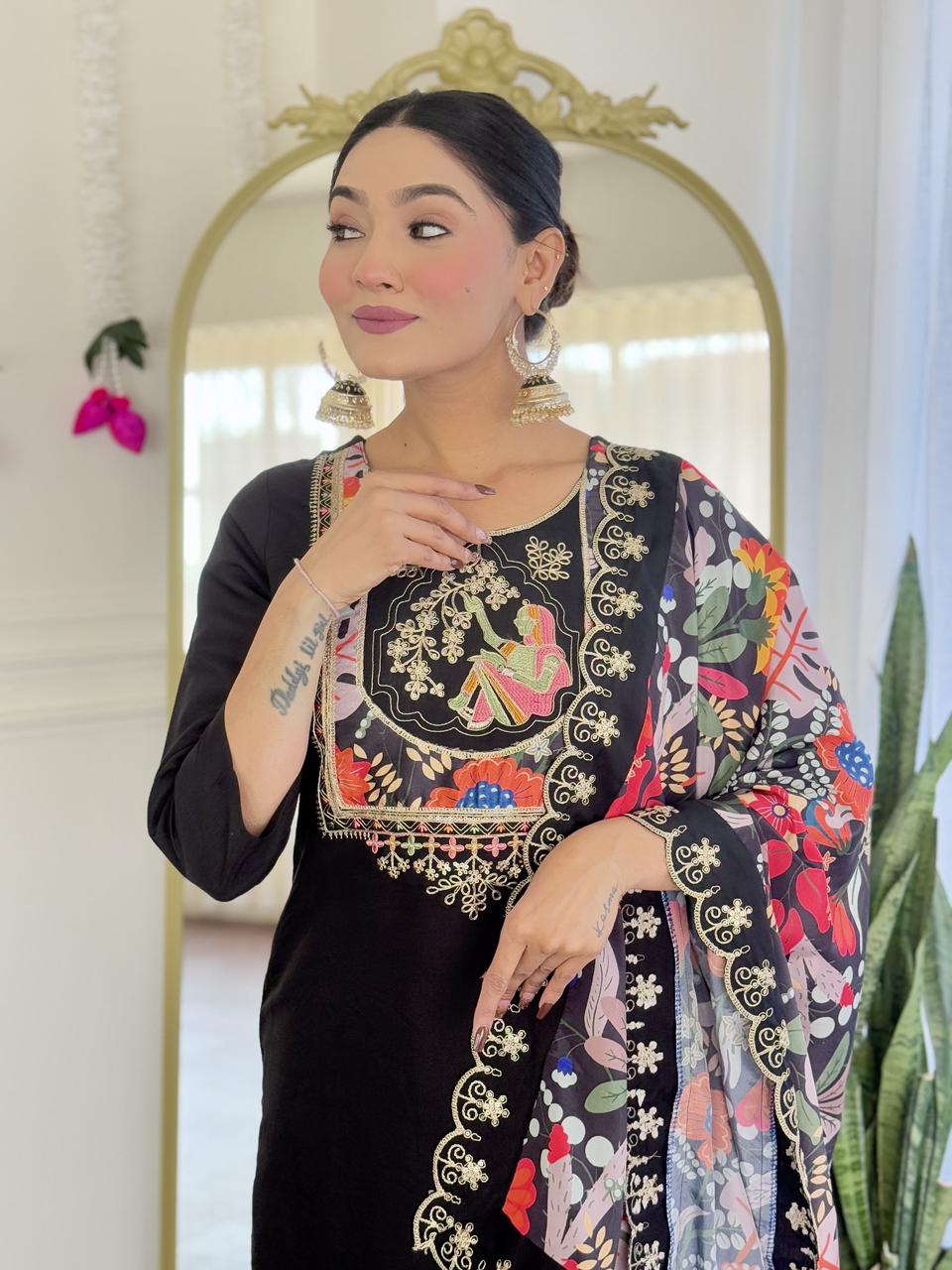 NCO 158 Pure Viscose Chanderi With Sequins Coding Embroidery Kurti Bottom With Dupatta