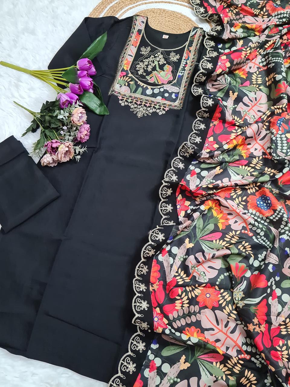 NCO 158 Pure Viscose Chanderi With Sequins Coding Embroidery Kurti Bottom With Dupatta