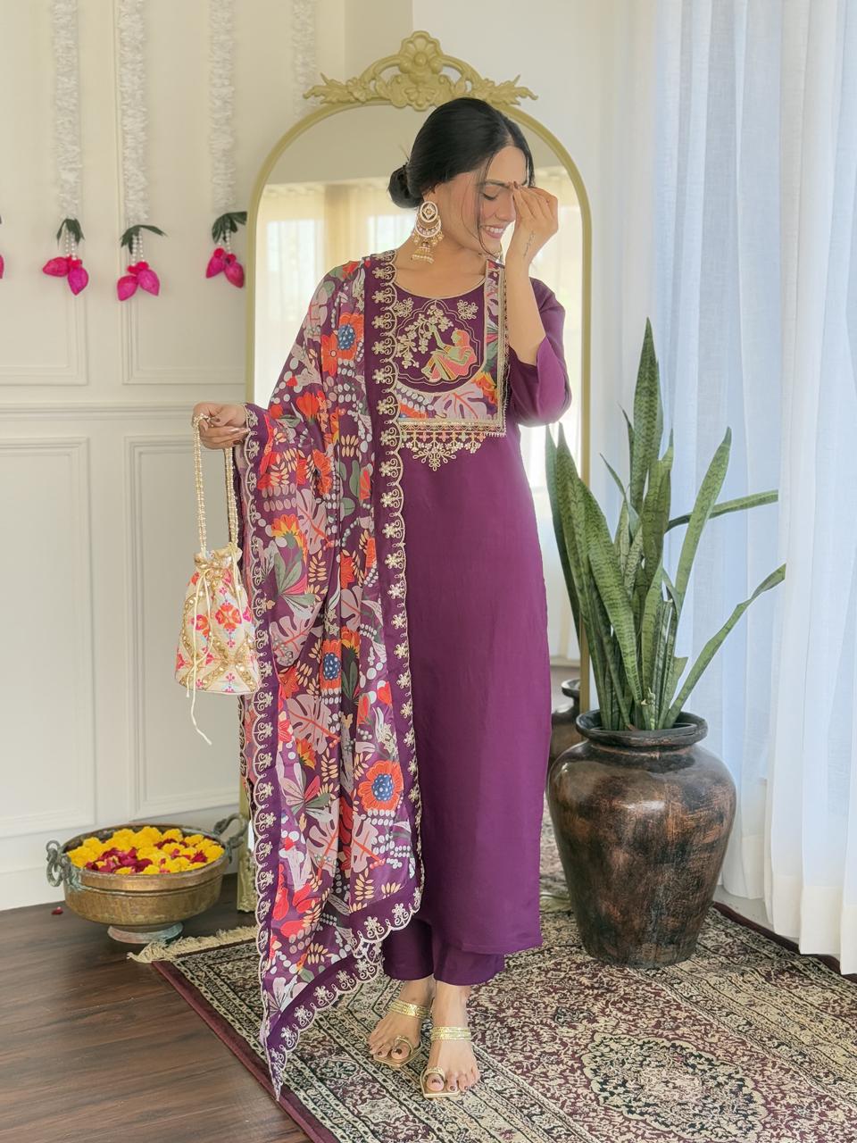 NCO 158 Pure Viscose Chanderi With Sequins Coding Embroidery Kurti Bottom With Dupatta