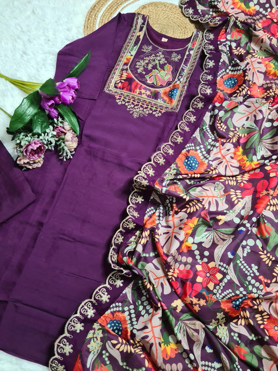 NCO 158 Pure Viscose Chanderi With Sequins Coding Embroidery Kurti Bottom With Dupatta