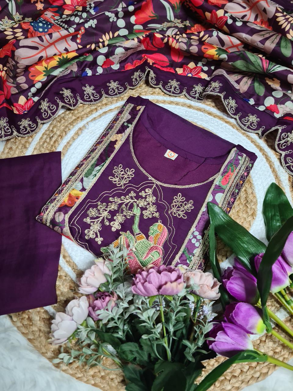 NCO 158 Pure Viscose Chanderi With Sequins Coding Embroidery Kurti Bottom With Dupatta