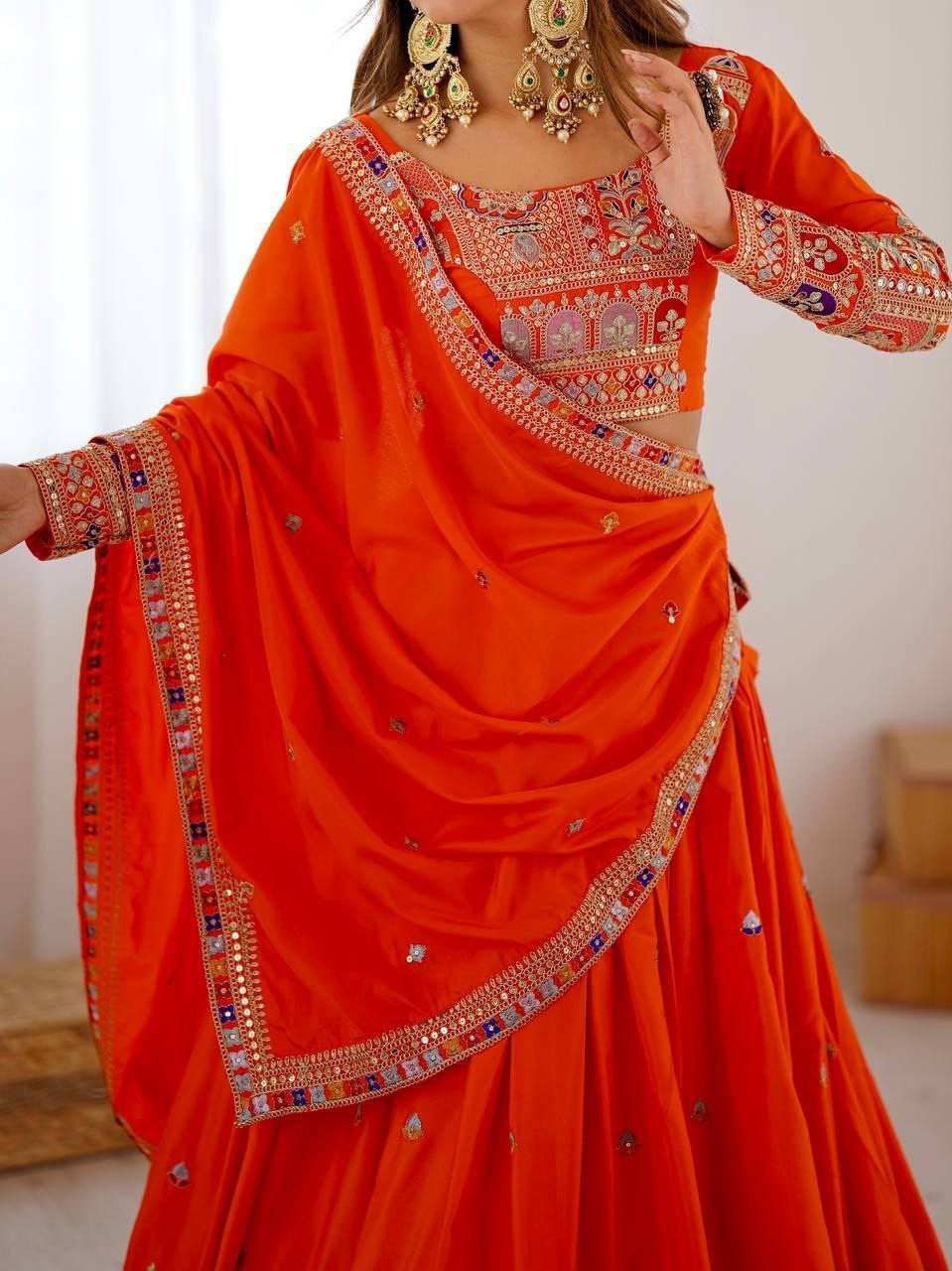 Center 296 Designer French Crepe Semi Stitched Multi Thread Lehenga