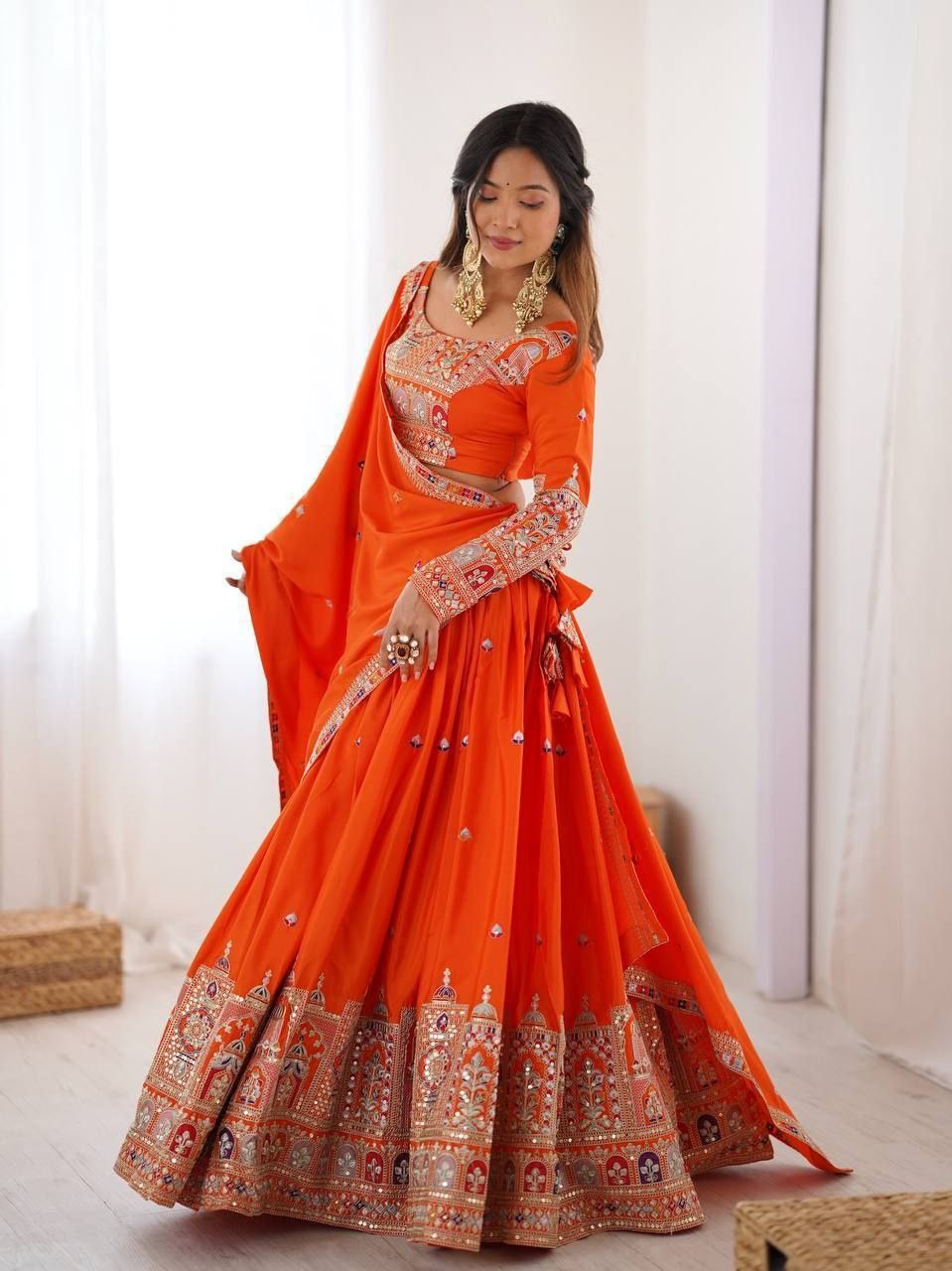 Center 296 Designer French Crepe Semi Stitched Multi Thread Lehenga