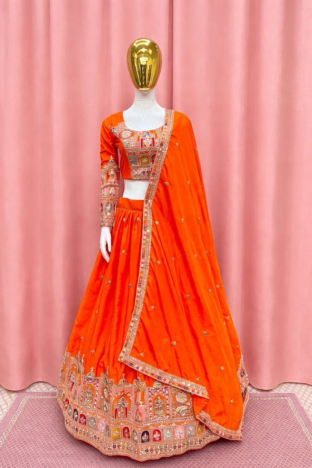 Center 296 Designer French Crepe Semi Stitched Multi Thread Lehenga