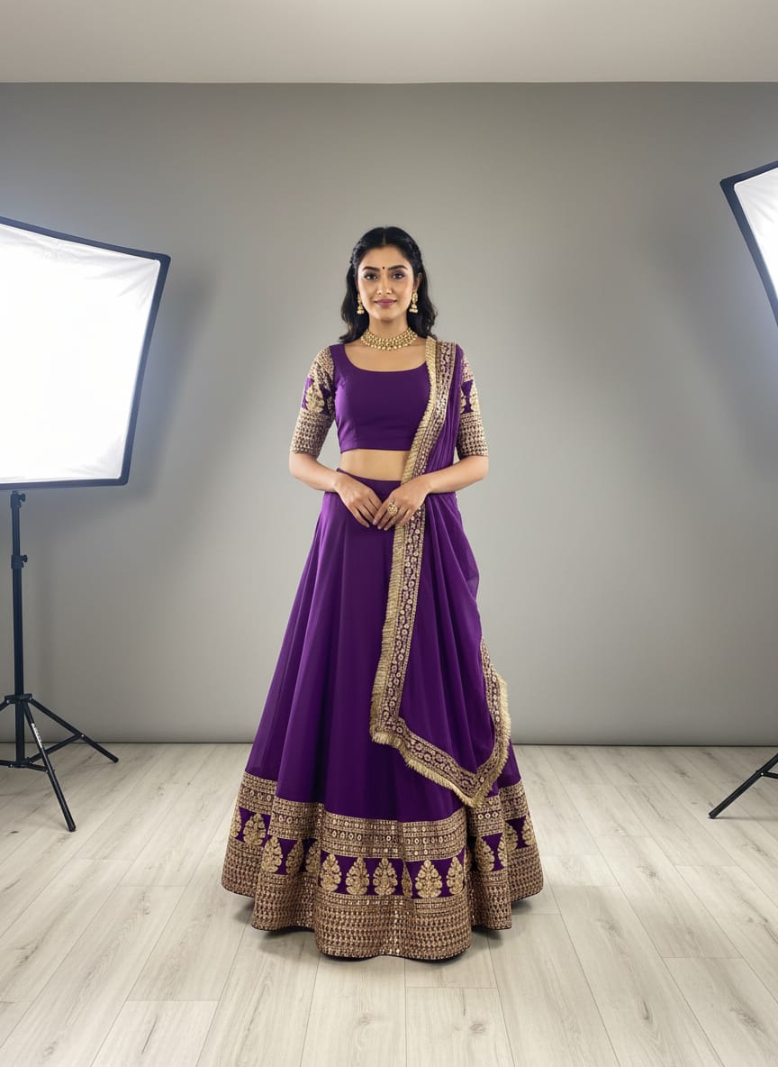Center 284 Faux Georgette Semi Stitched Zari Sequence Lehenga
