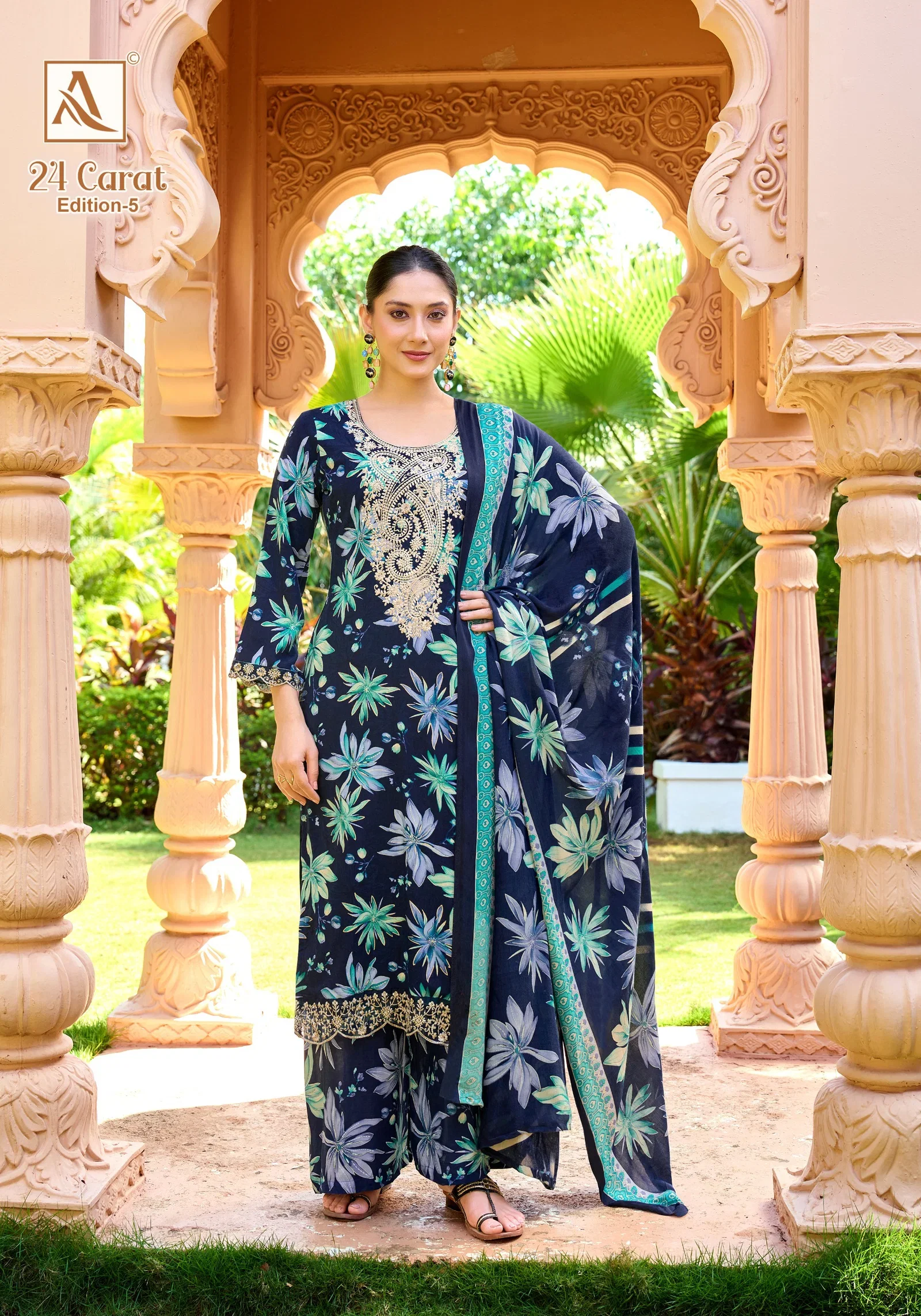 Alok 24 Carat Edition 5 Viscose Rayon Print Embroidery Dress Material