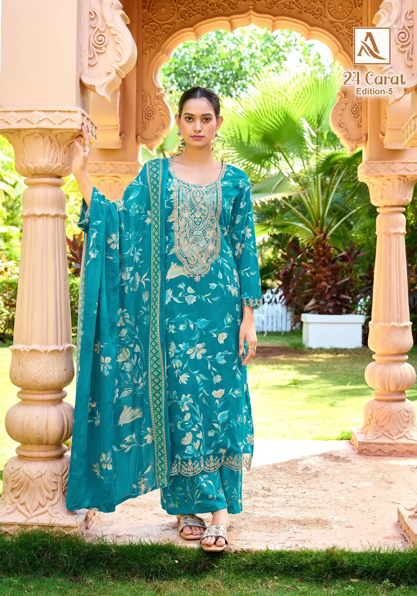 Alok 24 Carat Edition 5 Viscose Rayon Print Embroidery Dress Material