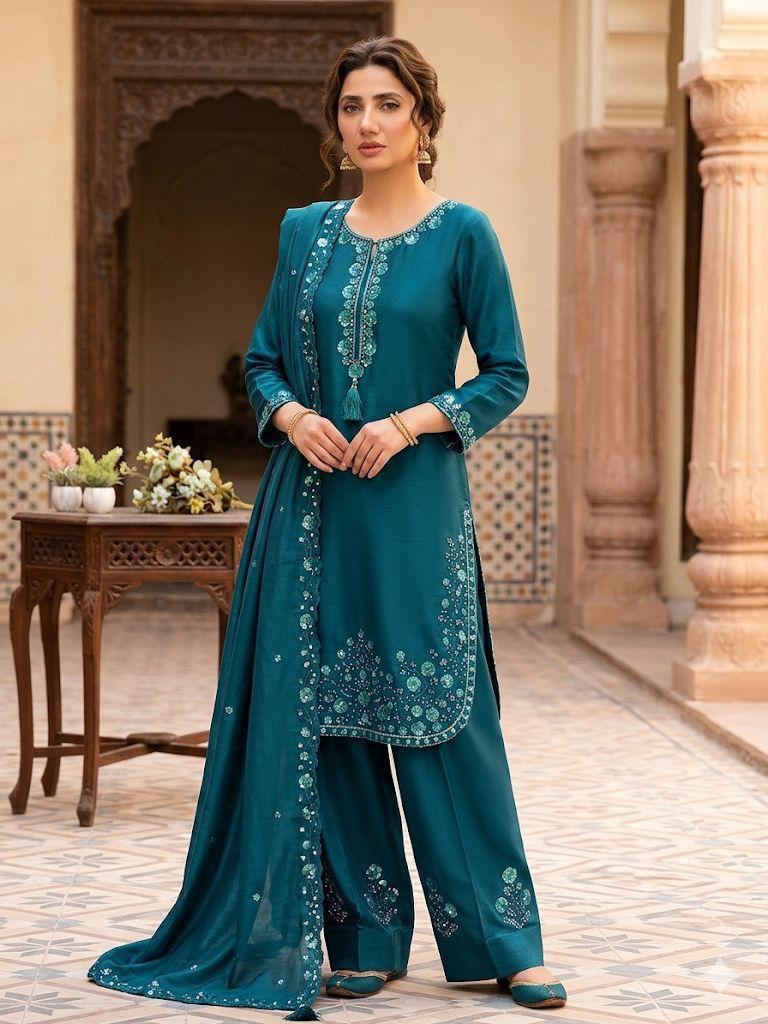 NCO 163 Designer Chinon Fabric With Sequence Embroidery Readymade