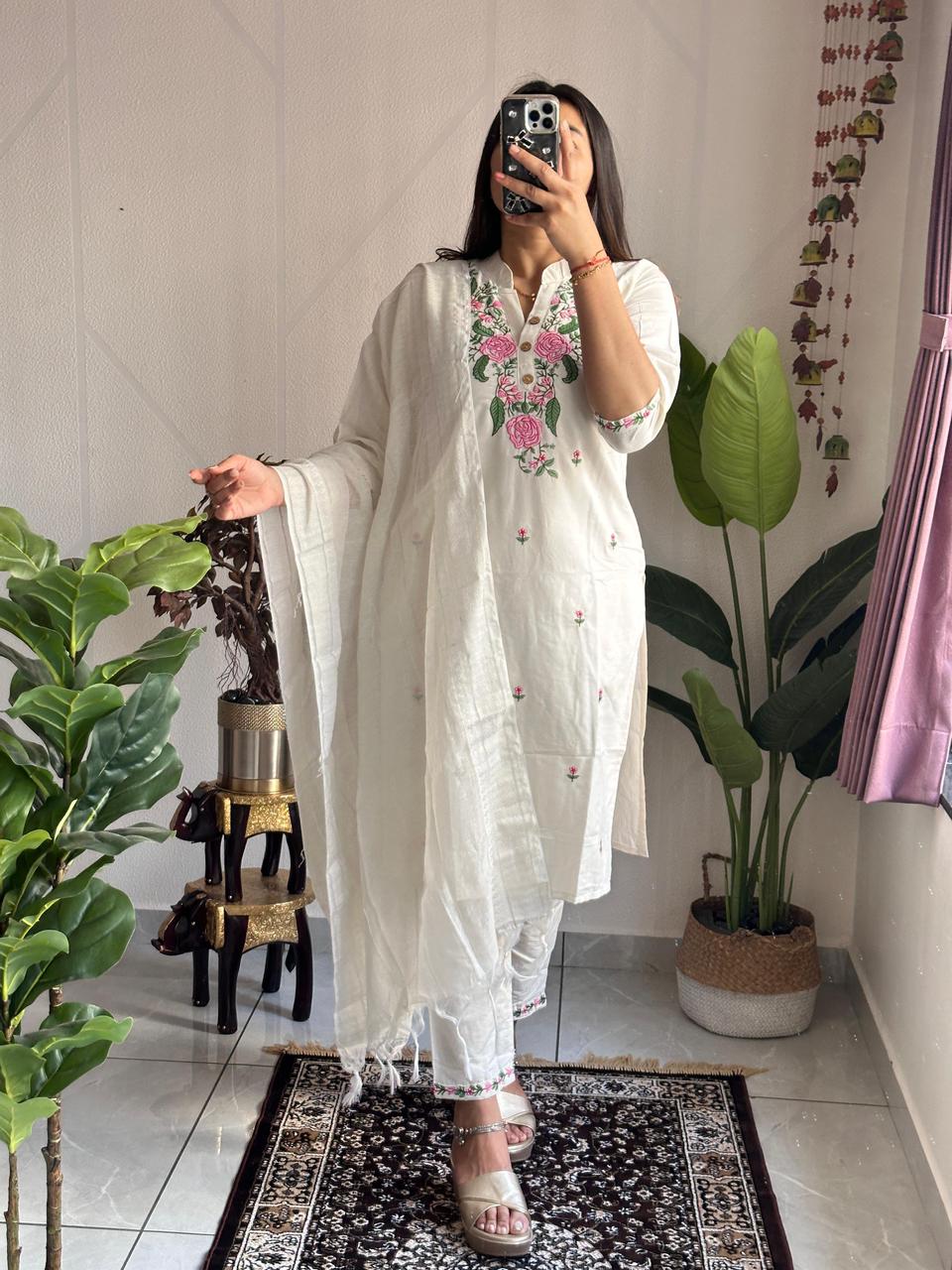 NCO 165 Khadi Cotton with Beautiful Embroidery Kurta With Bottom And Dupatta