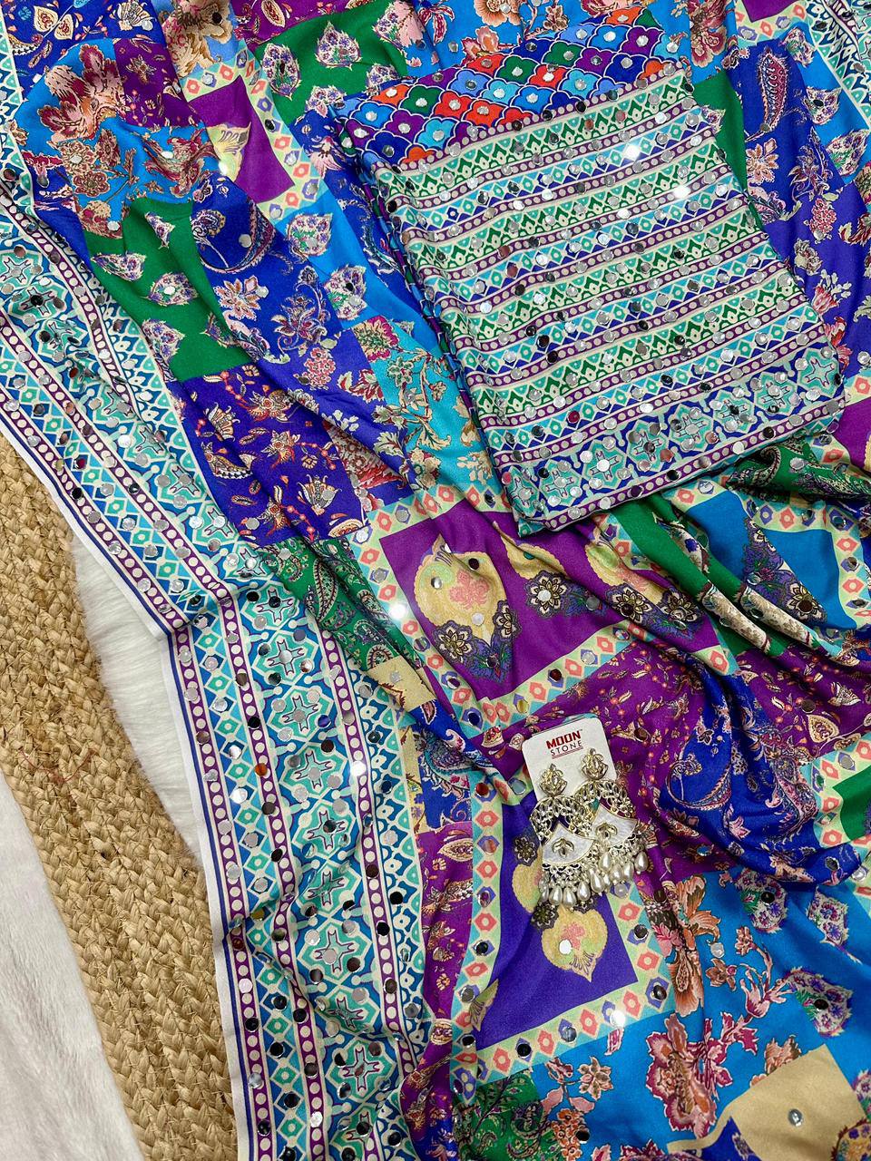 St 057 Soft Chinon Real Mirror Worked Beautiful Saree Collection