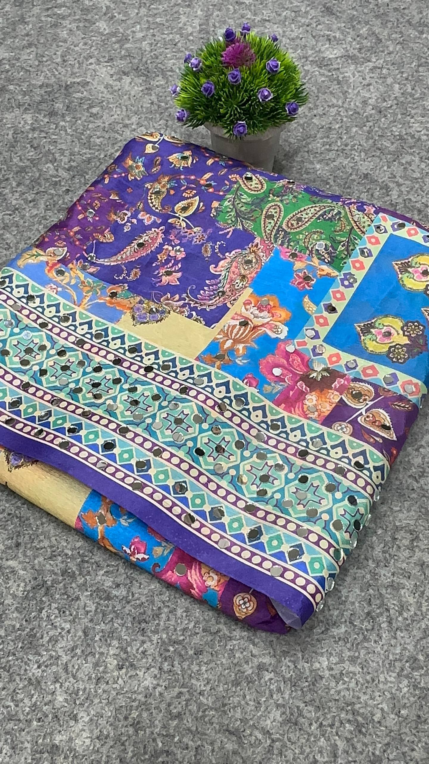 St 057 Soft Chinon Real Mirror Worked Beautiful Saree Collection
