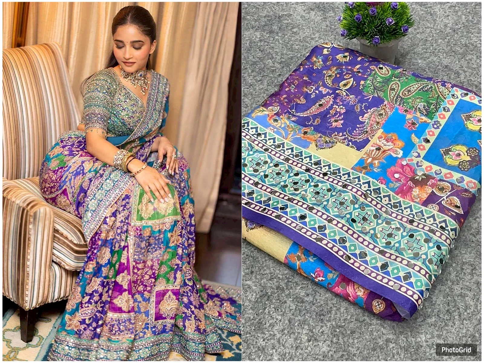 St 057 Soft Chinon Real Mirror Worked Beautiful Saree Collection