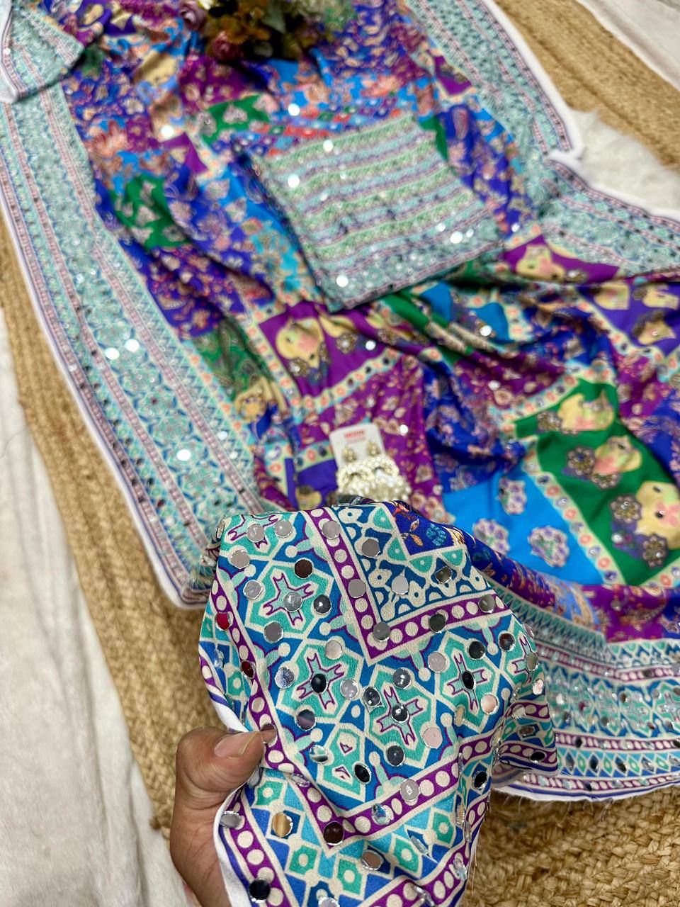 St 057 Soft Chinon Real Mirror Worked Beautiful Saree Collection