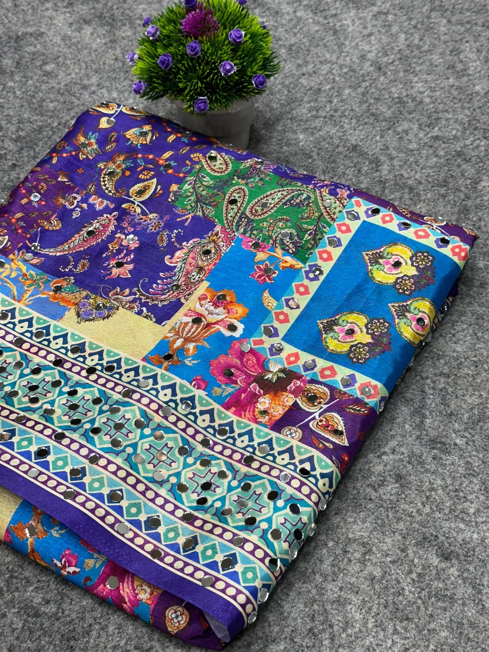 St 057 Soft Chinon Real Mirror Worked Beautiful Saree Collection