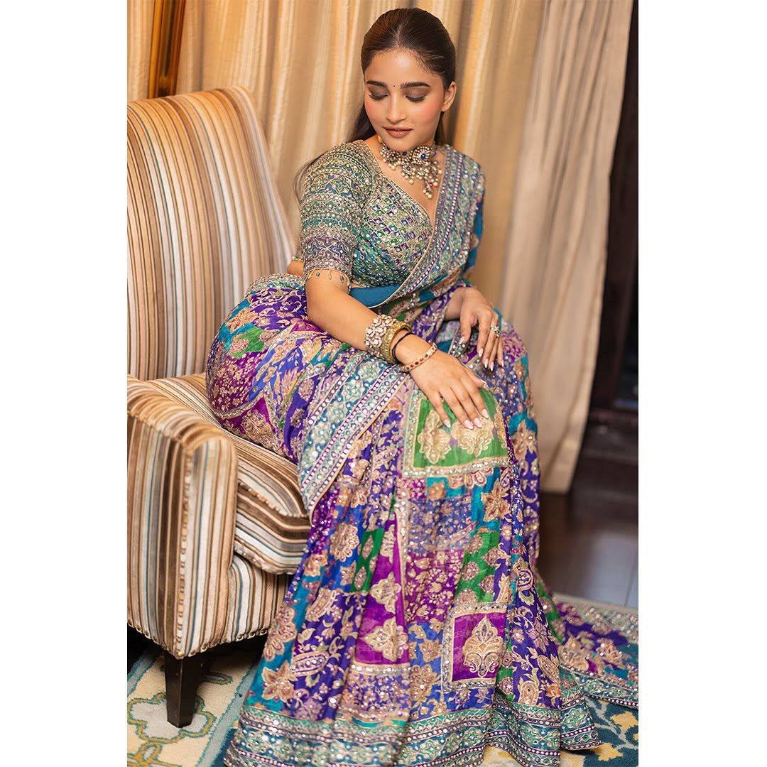 St 057 Soft Chinon Real Mirror Worked Beautiful Saree Collection