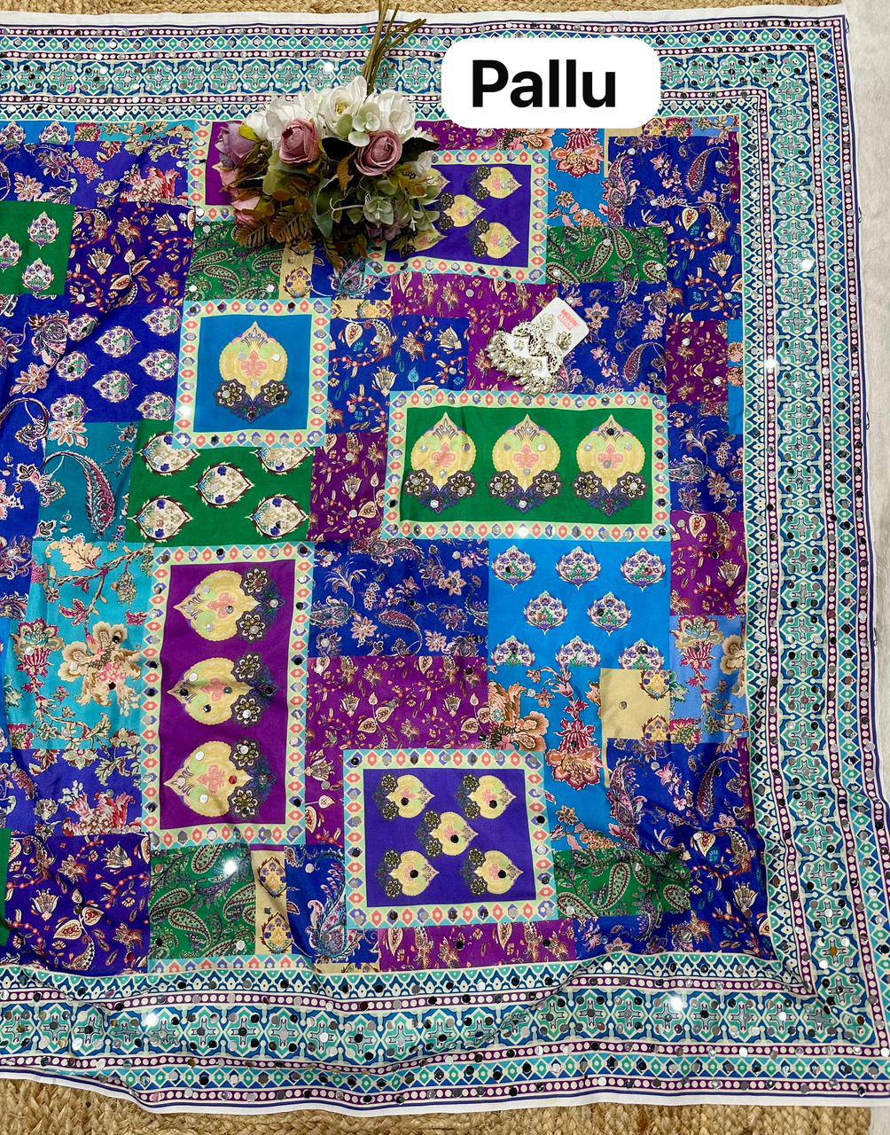 St 057 Soft Chinon Real Mirror Worked Beautiful Saree Collection