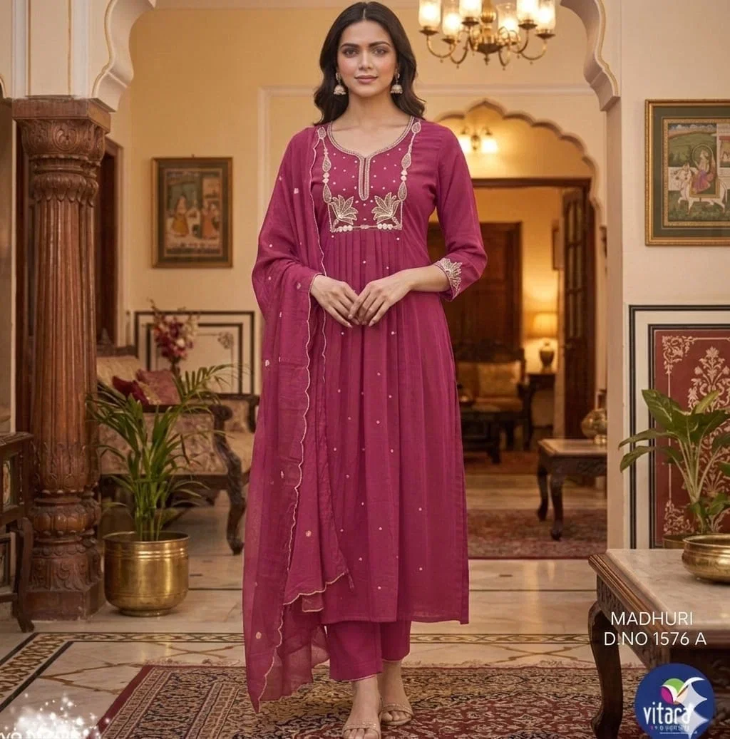 Vitara Madhuri Mal Cotton With Embroidered Kurti With Bottom Dupatta