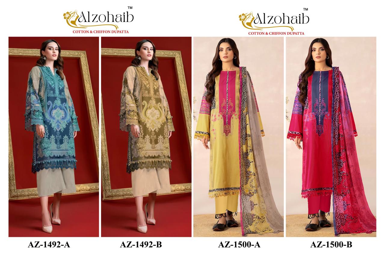 Alzohaib Az 1492 And 1500 Chiffon Dupatta Cotton Embroidered Salwar Kameez