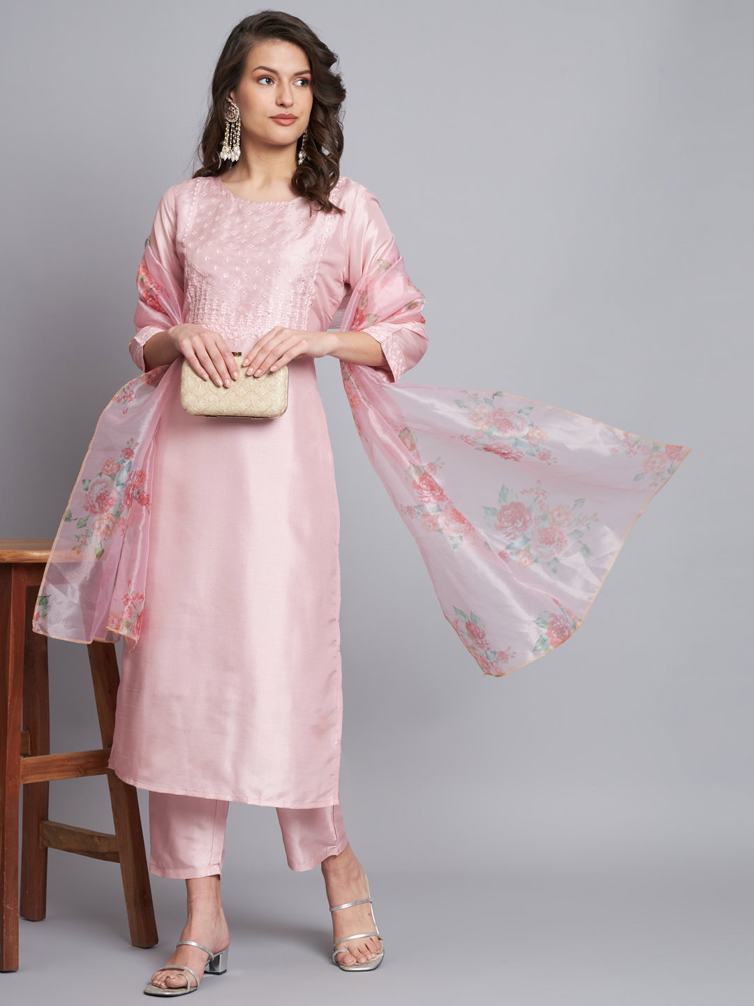 VP 9199 PInk Embroidered Silk Straight Kurta Pant with Dupatta Set