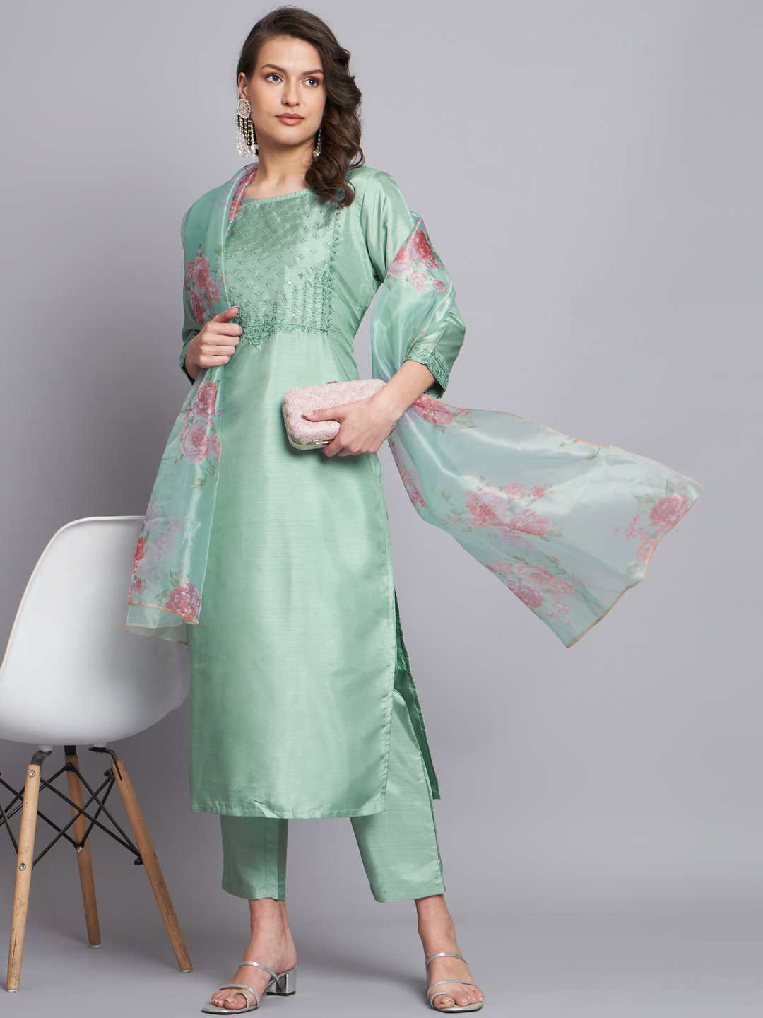 VP 9199 SEA GREEN Embroidered Kurta Pant Dupata Set