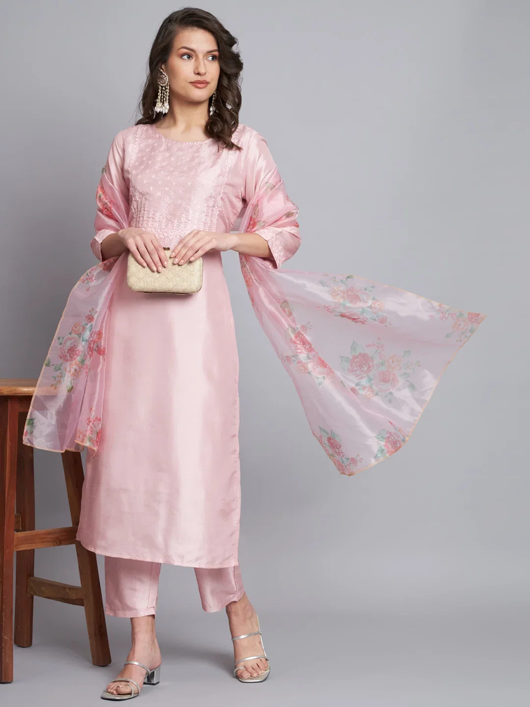 Vp 9199 Pink Silk Blend Embroidered Straight Kurti With Bottom Dupatta