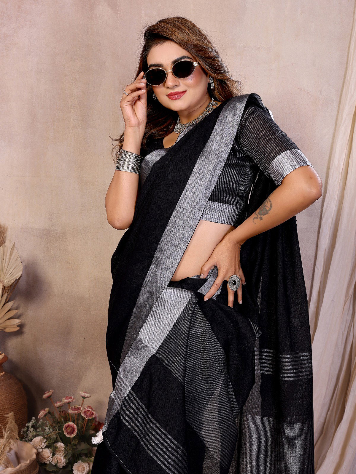 Lekha VC Amanat Linen Cotton Silver Zari Border Saree