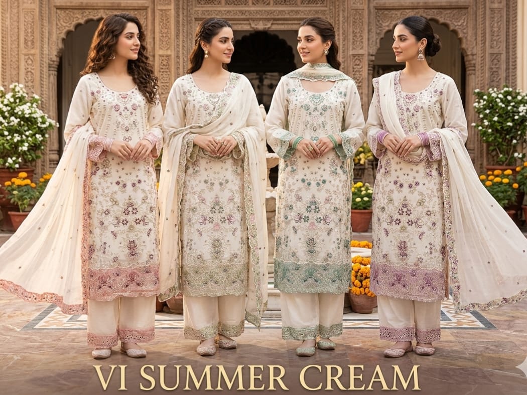 FM Summer Cream Crunchy Fabric Top Pant With Dupatta Set