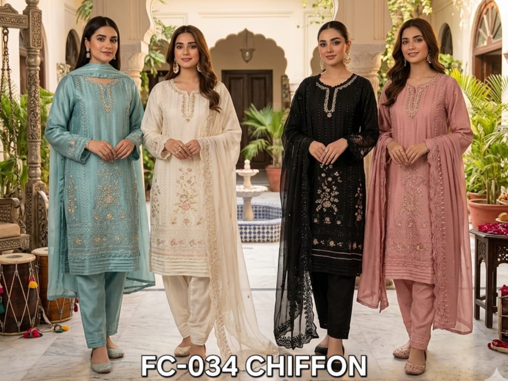 FM Hya 034 Chiffon Readymade Top Pant With Dupatta Set