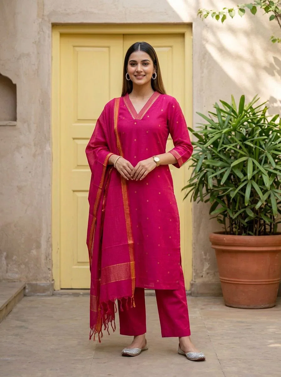 Naisha K 879 Pure Cotton Handloom Kurti With Bottom Dupatta
