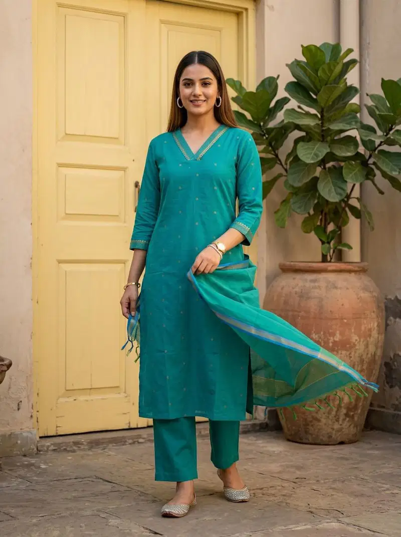 Naisha K 879 Pure Cotton Handloom Kurti With Bottom Dupatta