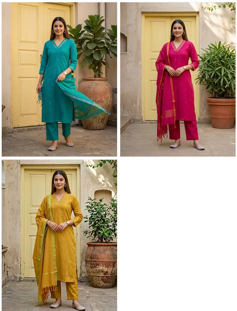 Naisha K 879 Pure Cotton Handloom Kurti With Bottom Dupatta