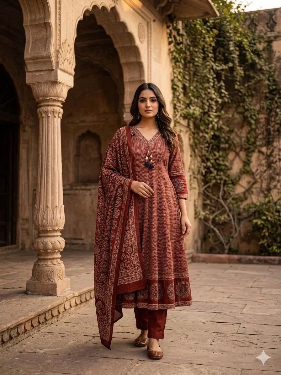 Naisha K 883 Cotton Printed Anarkali Concept Kurti With Bottom Dupatta