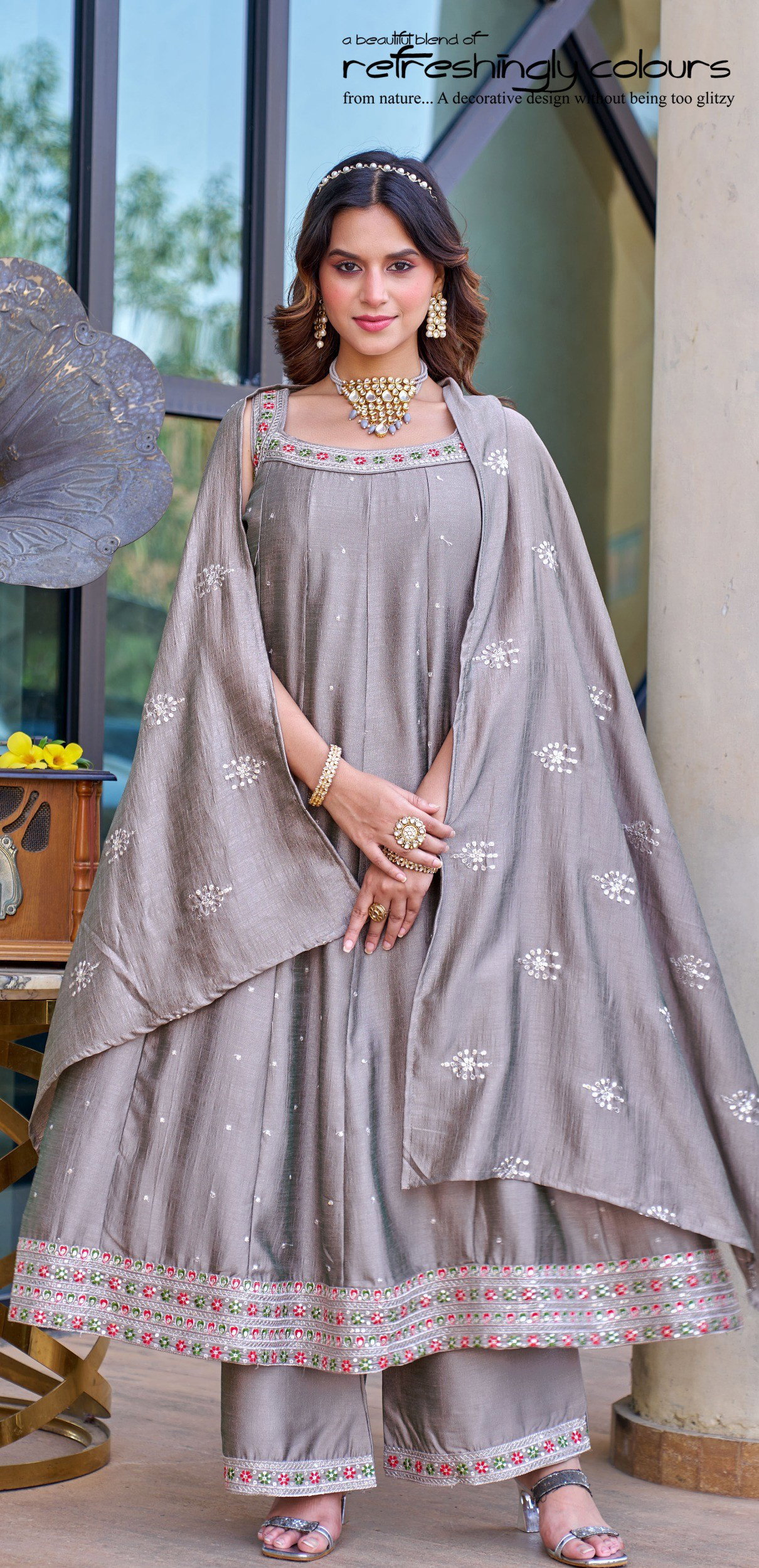 Naisha K 881 Vichitra Silk Embroidered Ghera Concept Kurti With Bottom Dupatta