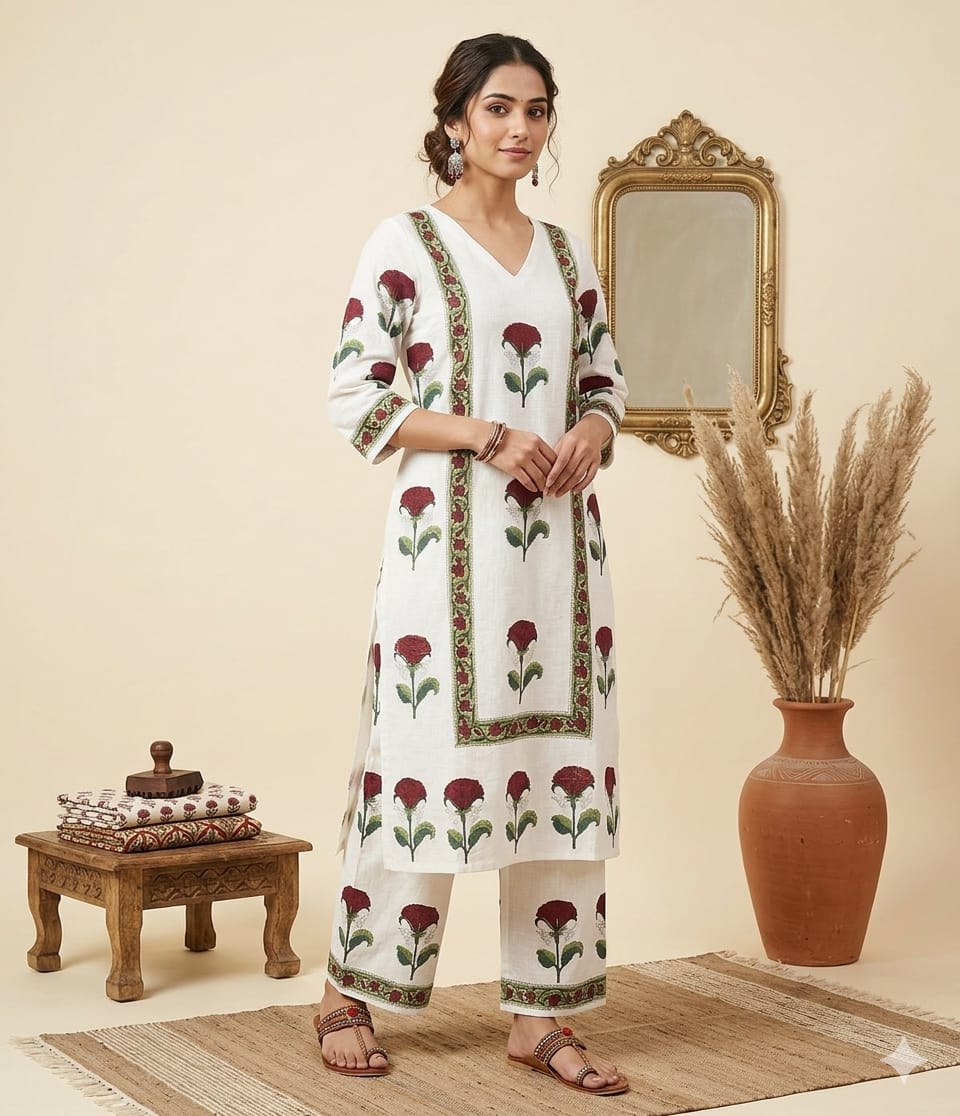 Naisha K 882 Cotton Slub Hand Block Printed Kurti With Bottom