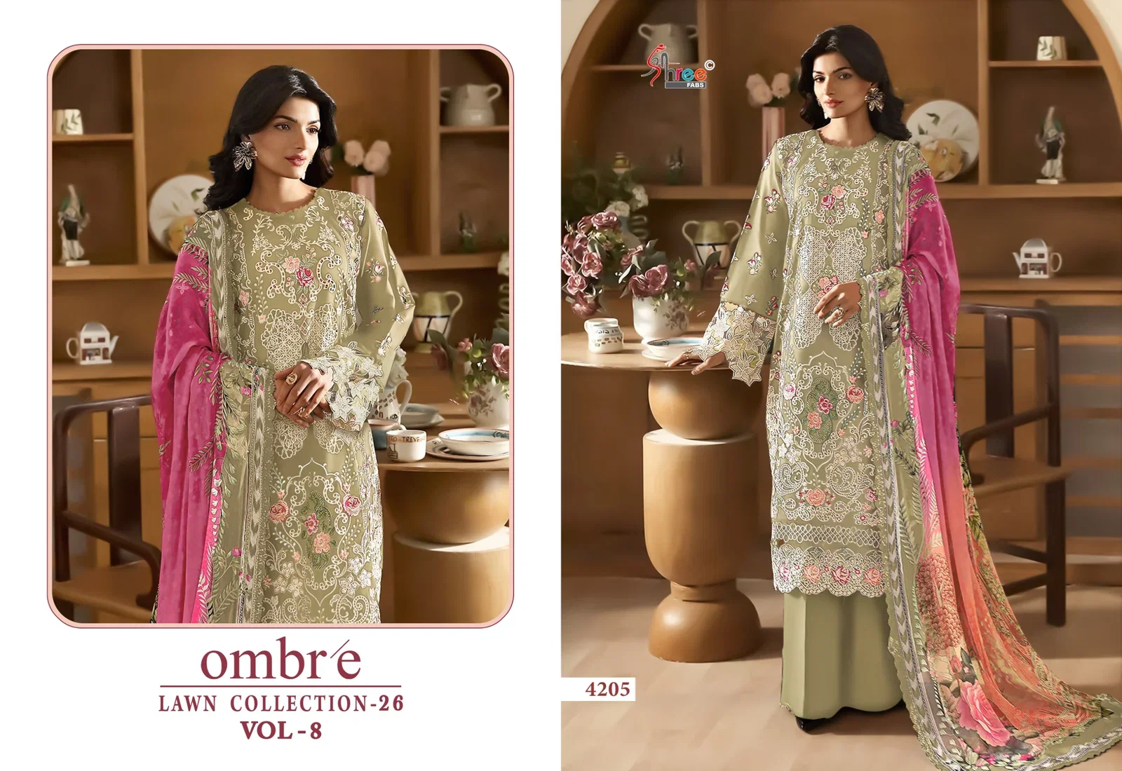 Shree Ombre Lawn Collection 26 Vol 8 Chiffon Dupatta Cotton Embroidered Salwar Kameez