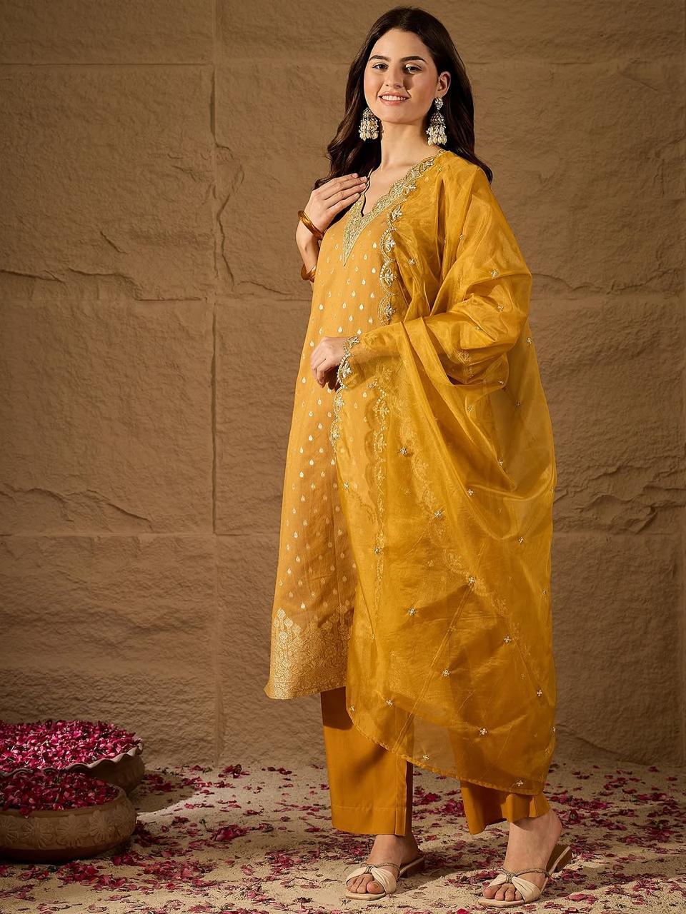 Navya Kurti 243 Party Wear Zari Weaving Jauqard Top with Pant and Dupatta