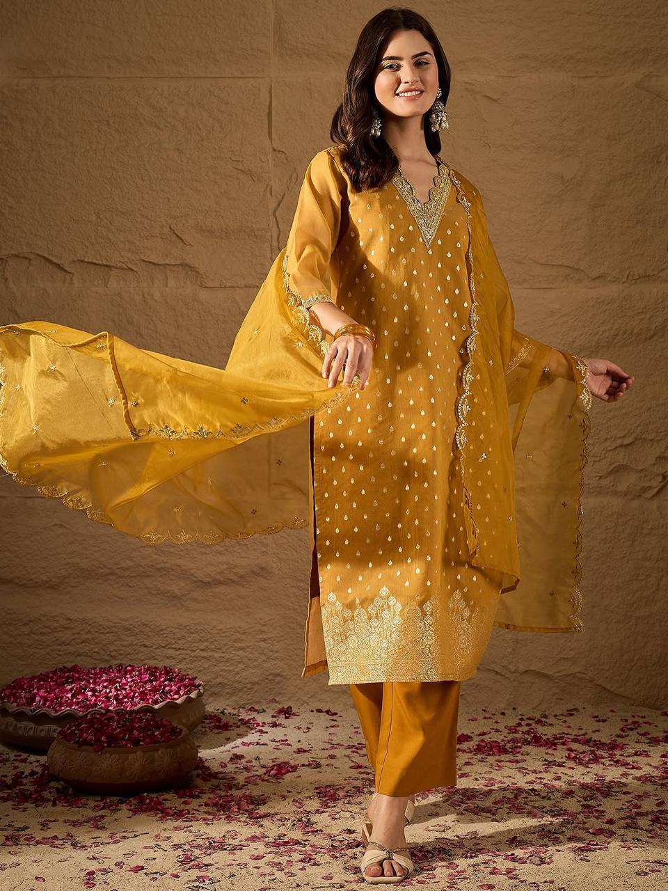 Navya Kurti 243 Party Wear Zari Weaving Jauqard Top with Pant and Dupatta