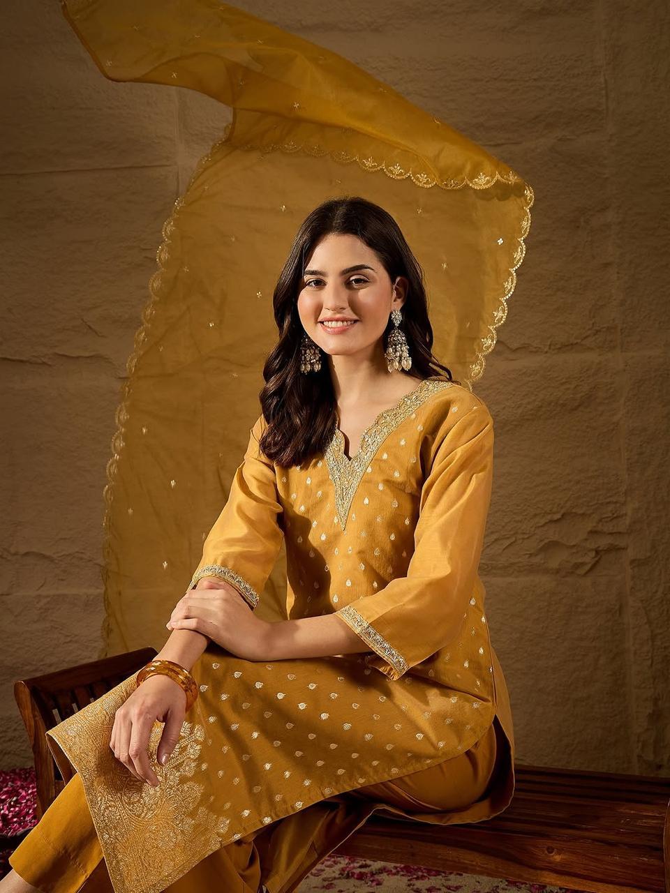 Navya Kurti 243 Party Wear Zari Weaving Jauqard Top with Pant and Dupatta